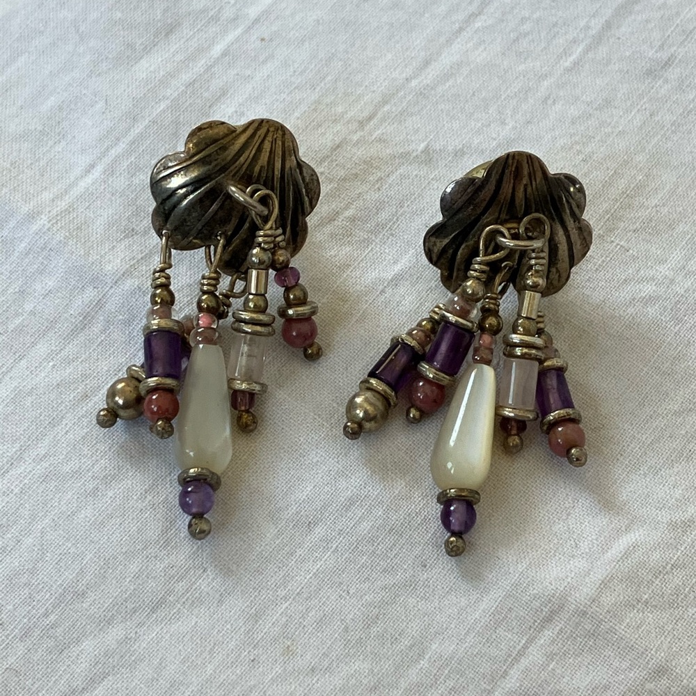 Vintage Dangling Silver Tone & Purple Beaded Earrings